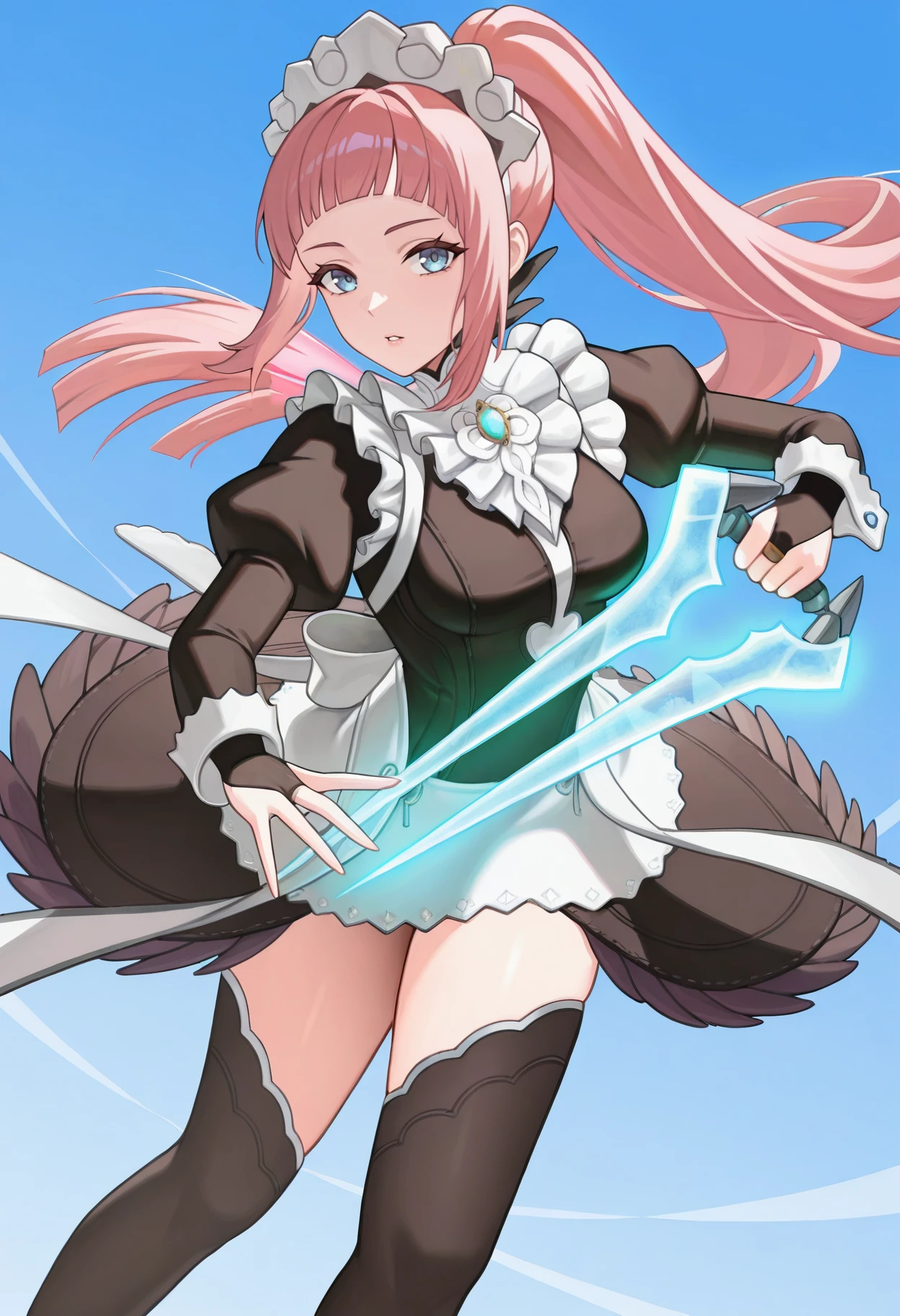 masterpiece, best quality, hires, absurdres, newest, <lora:energysword-halo-richy-v1_ixl:1> energy weapon, blue weapon, glowing weapon, holding weapon,  <lora:felicia-fe-richy-v1_ixl:1> f1cdf, blue eyes, pink hair, long hair, ponytail, sidelocks, blunt bangs, maid headdress, black feathered collar, blue brooch, medium breasts, maid, juliet sleeves, maid apron, bridal gauntlets, black thighhighs, thighs, looking at viewer, parted lips, fighting stance,