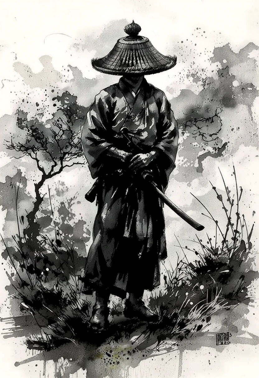 1man, standing on the grassland, the wind is blowing, <lora:mystic-sumi_v40:1>, ink and brushstroke dismrt style,<lora:amigasa:0.9>,amigasa,holding katana,portrait,, look at viewer,fighiting pose,