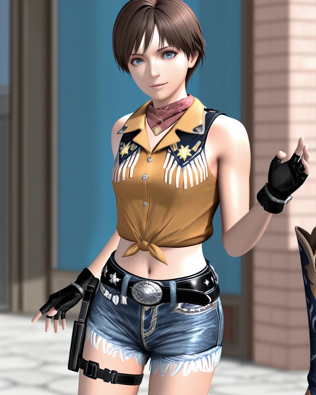 masterpiece, best quality, high quality,  <lora:10_becky_7_il:1>,reb_3cowg, 1girl, solo, blue eyes, brunette hair, short hair, red neckerchief, sleeveless frilled cowgirl top, midriff, navel, denim cutoff shorts, black belt silver buckle, thigh holster, brown and blue cowgirl boots, black fingerless gloves, cg, render, upper body