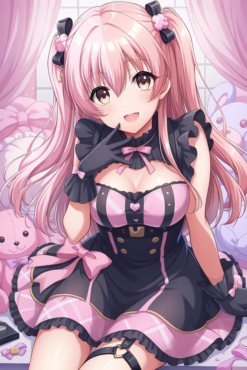 masterpiece, best quality,
 <lora:KokoaIL_r1:1> kokoa, 1girl, gloves, solo, long hair, black gloves, looking at viewer, open mouth, hair ornament, smile, pink hair, stuffed toy, breasts, two side up, bow, sitting