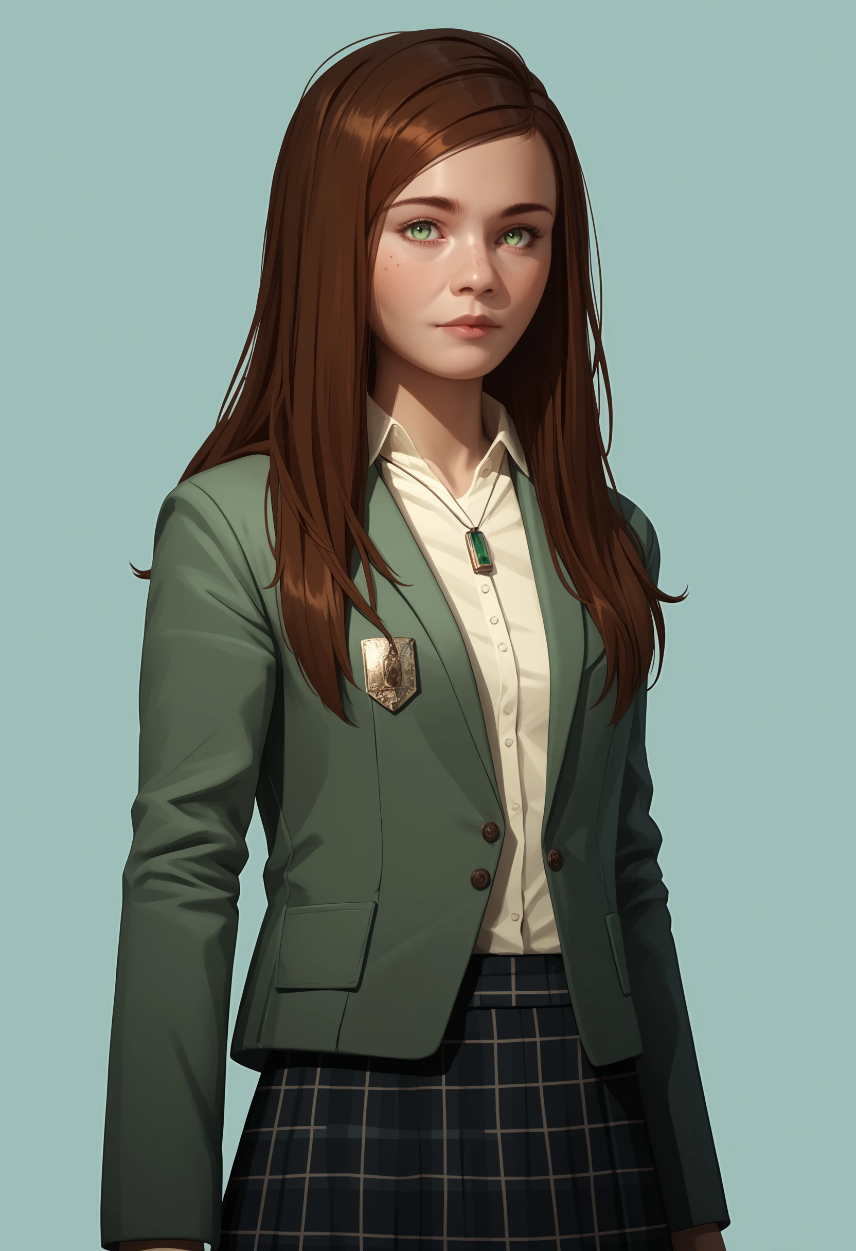 score_9, score_8_up, score_7_up, score_6_up, score_5_up, score_4_up,  <lora:VictoriaHitmanA:0.85> 1girl, solo, victoriaf, long hair, brown hair, green eyes, jacket, skirt, necklace, upper body, looking back, standing, 
light blue background, simple background,