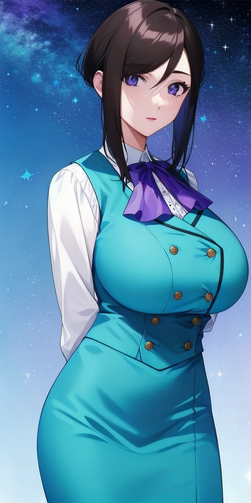 <lora:LinnaYamazakiV4:0.7> linna_yamazaki, huge_breasts, standing, solo, starry_sky, arms_behind_back, white_collared_shirt_purple_ascot_aqua_pencil_skirt_aqua_vest, masterpiece, best_quality, detailed_face, detailed_eyes, highres, beautiful, detailed, absurdres,