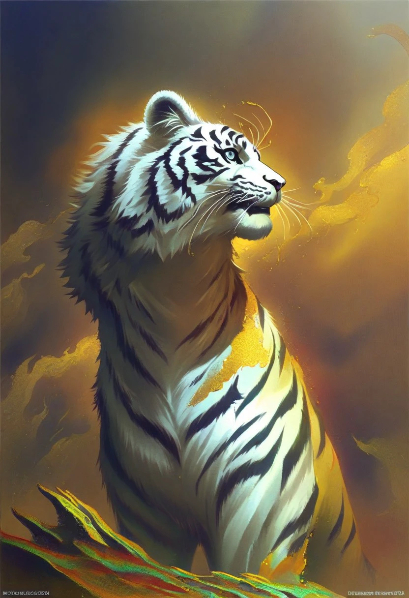 A dynamic fantasy painting in the style of Boris Vallejo, of a white tiger rendered realistically, paint effect, intricate details, fantasy illustration, epic scale, masterpiece, trending on artstation