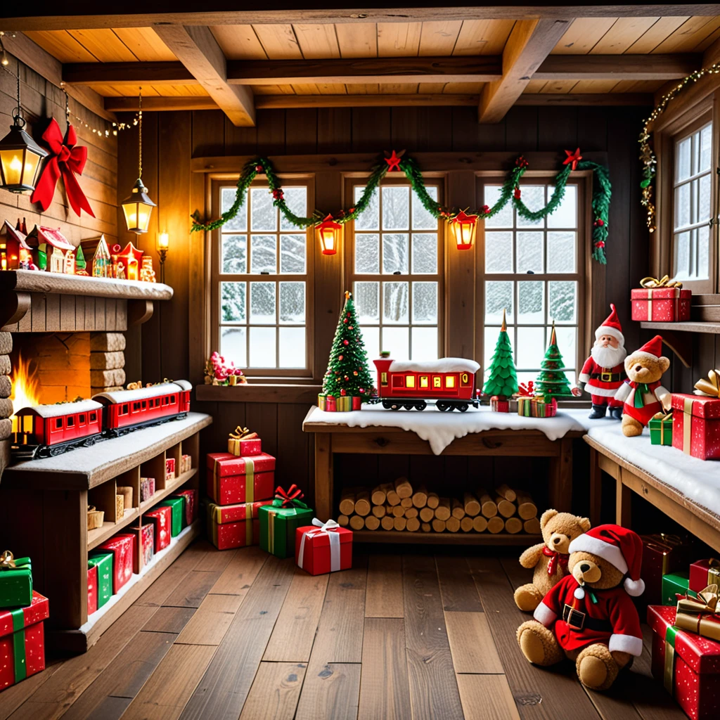 A warm, inviting photograph of Santa Claus's workshop, completely empty yet brimming with festive energy. The room is illuminated by soft golden light from lanterns hanging from wooden beams and a crackling fireplace in the corner. Wooden tables are scattered with tools, paints, and half-assembled toys, including a bright red train, a teddy bear, and colorful wooden blocks. Shelves along the walls overflow with vibrant gift boxes, plush toys, and neatly stacked wrapping paper rolls. The floor is dusted with wood shavings and glitter, adding a sense of activity left behind. Snow-covered windows reveal a faint winter landscape outside, with icicles hanging from the edges. A large chalkboard on one wall lists "Nice & Naughty" names in festive handwriting. The air feels magical, as though the elves just stepped out for a break, leaving the workshop frozen in a perfect holiday moment.<lora:SDXLFaeTastic2400:0.4> <lora:extremely_detailed:0.4> extremely detailed,, Masterpiece,best quality,hi res,8k,hi res,8k,award winning,(sharp focus, intricate, highly detailed),