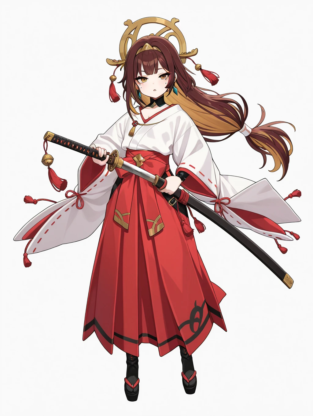 saya, 1girl, solo, long hair, looking at viewer, blonde hair, simple background, brown hair, white background, holding, jewelry, full body, yellow eyes, weapon, earrings, parted lips, japanese clothes, sword, wide sleeves, kimono, chibi, black footwear, holding weapon, mole, mole under eye, holding sword, katana, sheath, hakama, low-tied long hair, unsheathing


masterpiece, best quality,amazing quality, very aesthetic, absurdres, depth of field, blurry background, extremely detailed face, detailed eyes