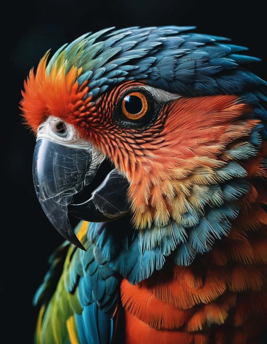 macro shot, cinematic photo of parrot, colorful, dark shot, film grain, extremely detailed