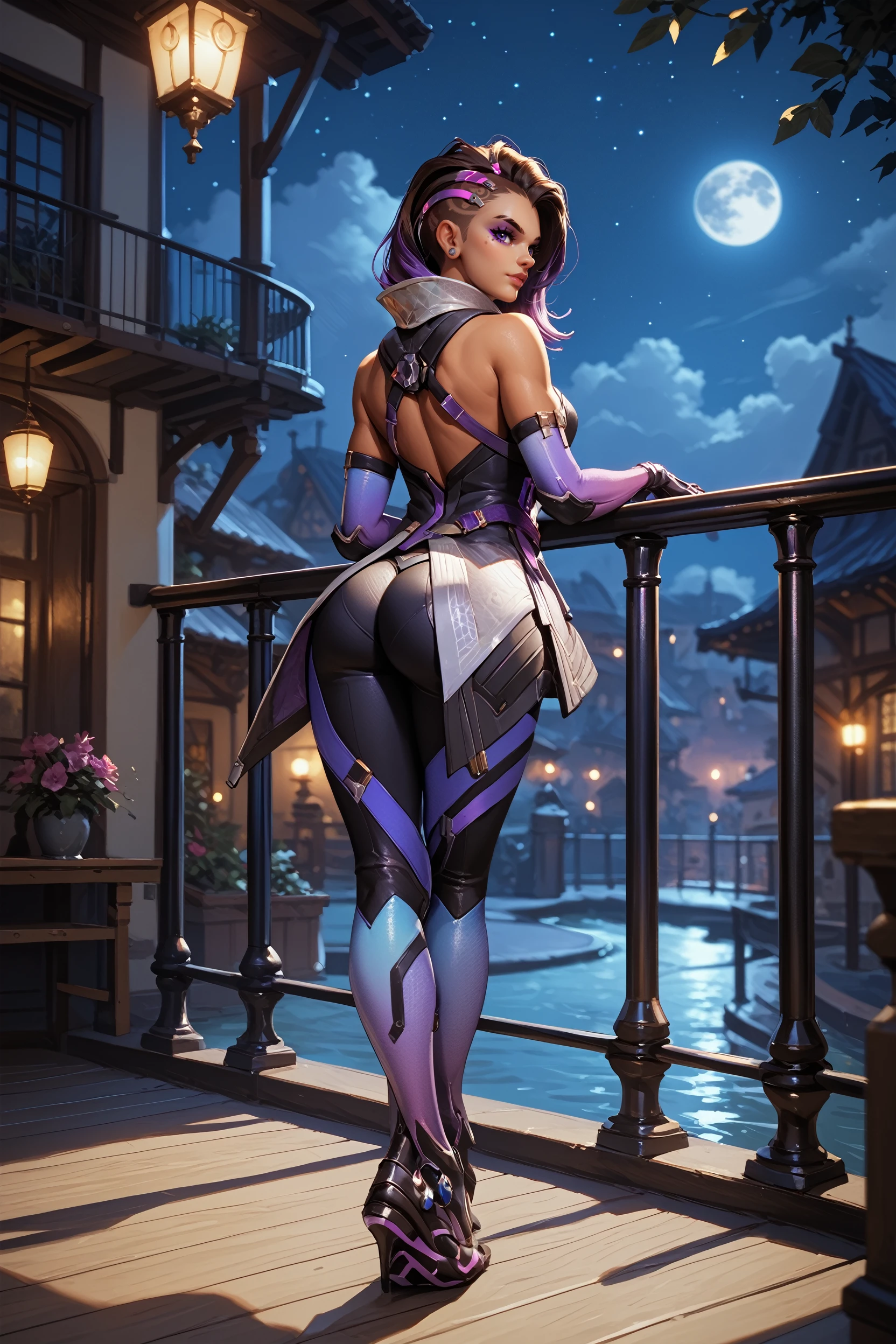 score_9, score_8_up, score_7_up, score_6_up
<lora:OSombra:0.8>
OSombra, 1girl, brown hair, asymmetrical hair, multicolored hair, purple eyes, purple hair, looking at viewer, from behind, night sky, railing, full body, looking back, moon