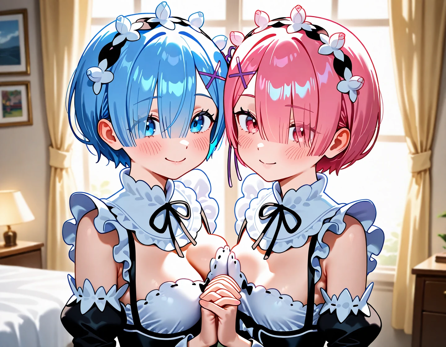 masterpiece, best quality, absurdres, highres, newest, general,
2girls, re:re:zero kara hajimeru isekai seikatsu, 
rem \(re:zero\), medium breasts, smile, blush, maid, holding hands, interlocked fingers, breast press, 
ram \(re:zero\), small breasts, smile, blsuh, maid, holding hands, interlocked fingers, breast press, 
indoors, bedroom, 
<lora:nyalia:0.15>, <lora:dj_sloppa_ill_v2:0.3>,