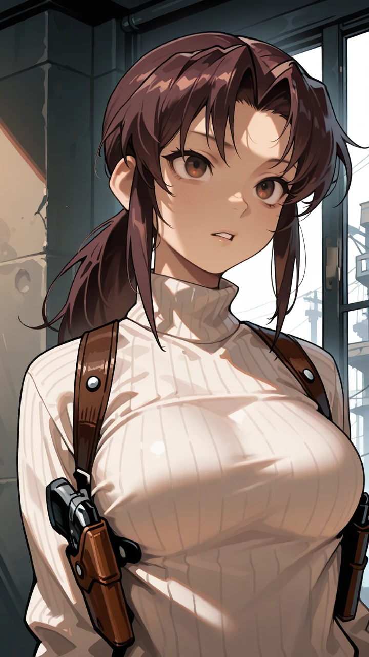 HDR,8K,high contrast,masterpiece,best quality,amazing quality,superabsurd res,high resolution,ultra-detailed,absurdres,newest,revy, 1girl, solo, brown hair, brown eyes, holster, ponytail, shoulder holster, long hair, upper body, breasts, turtleneck, medium breasts, parted lips, sweater,<lora:revy_illustrious_0007:1>,