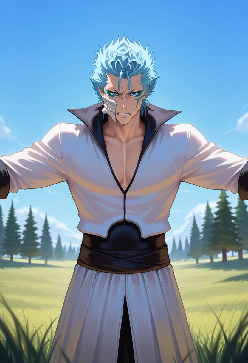 masterpiece, best quality, , semi-realistic, , , 1boy, solo, male focus, <lora:grimmjow_jaegerjaquez_ilxl:0.9>, grimmjow_jaegerjaquez, blue hair, blue eyes, facial mark, arrancar, mask, short hair, straight-on, grass, tree, midnight, spread arms, angry, viking costume