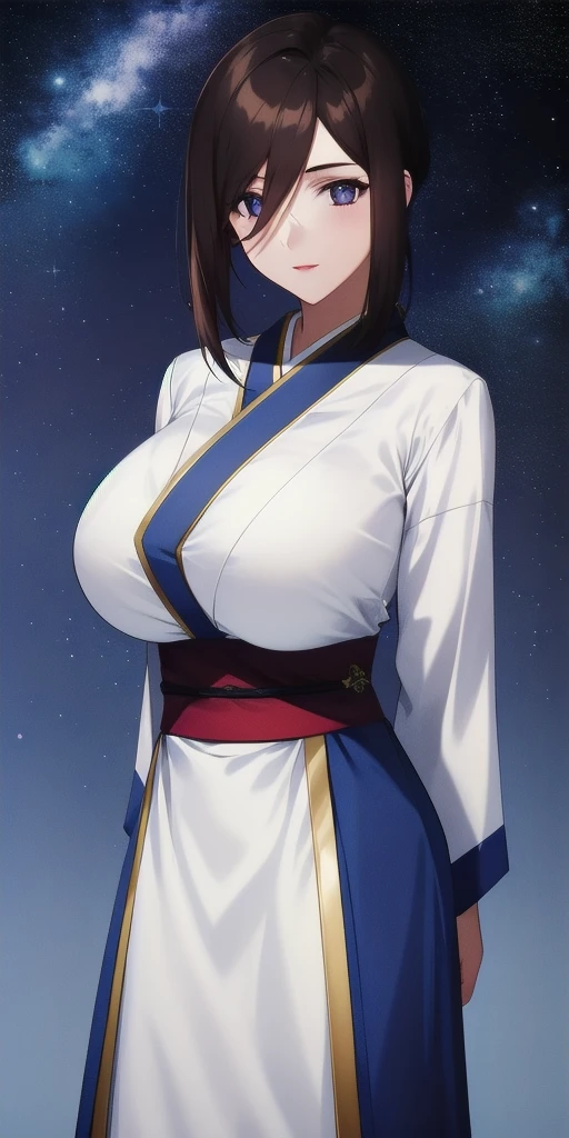 <lora:LinnaYamazakiV3:0.7> linna_yamazaki, huge_breasts, standing, solo, starry_sky, arms_behind_back, japanese_clothes, masterpiece, best_quality, detailed_face, detailed_eyes, highres, beautiful, detailed, absurdres,