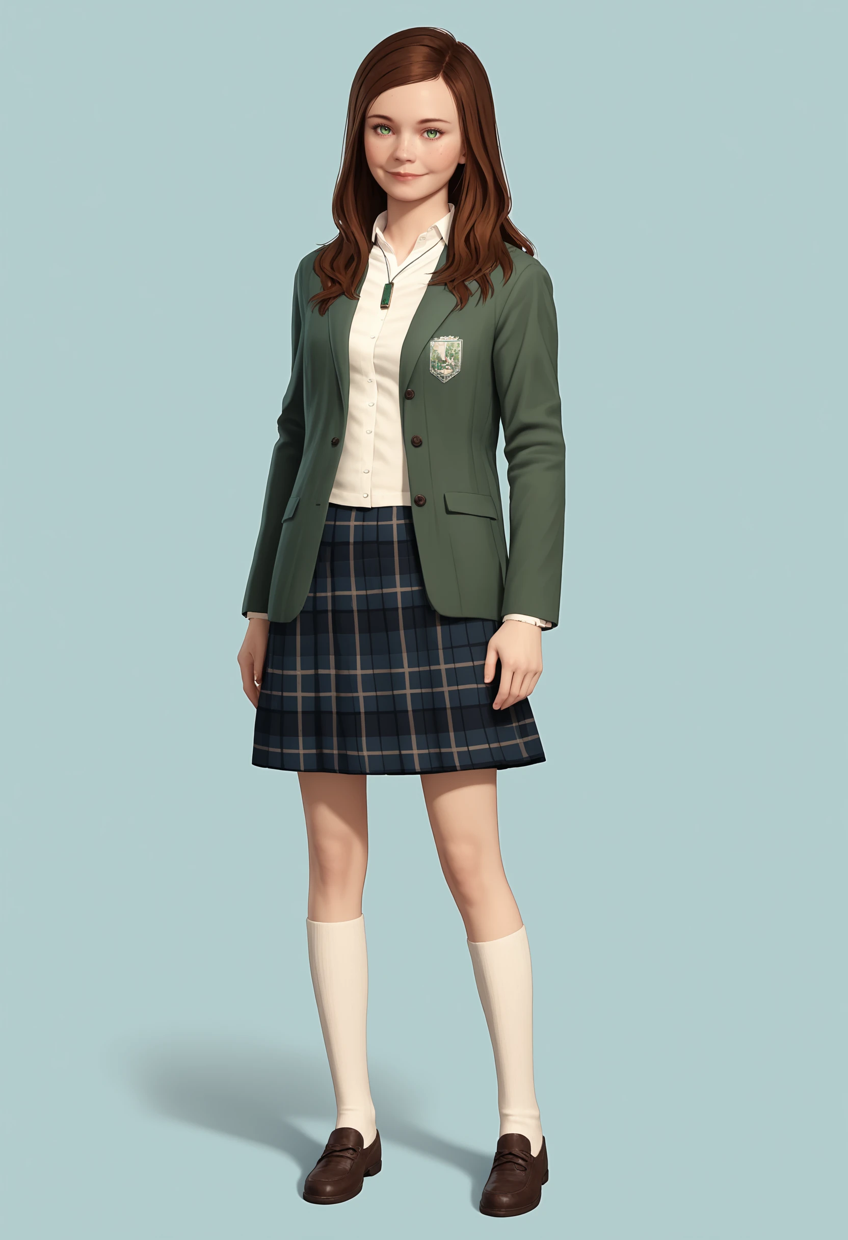 score_9, score_8_up, score_7_up, score_6_up, score_5_up, score_4_up,  <lora:VictoriaHitmanA:0.85> 1girl, solo, victoriaf, long hair, brown hair, green eyes, jacket, skirt, socks, shoes, necklace, full body, smile, looking at viewer,
light blue background, simple background,