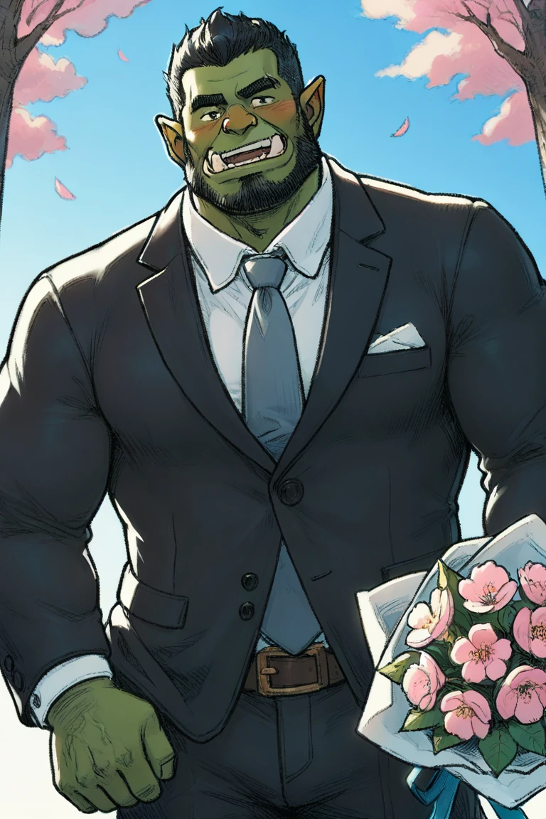 masterpiece, best quality, highres, newest, 1boy, solo, male focus, mature male, orc, green skin, tusks, short hair, black hair, facial hair, beard, muscular, looking at viewer, cowboy shot, formal, black suit, suit, white shirt, collared shirt, grey necktie, long sleeves, smile, blush, holding flower, holding bouquet, standing, outdoors, sky, blue sky, tree, cherry blossoms <lora:OIS - s2 [LoRA] - NoobAI-XL EPS 1.0:1>