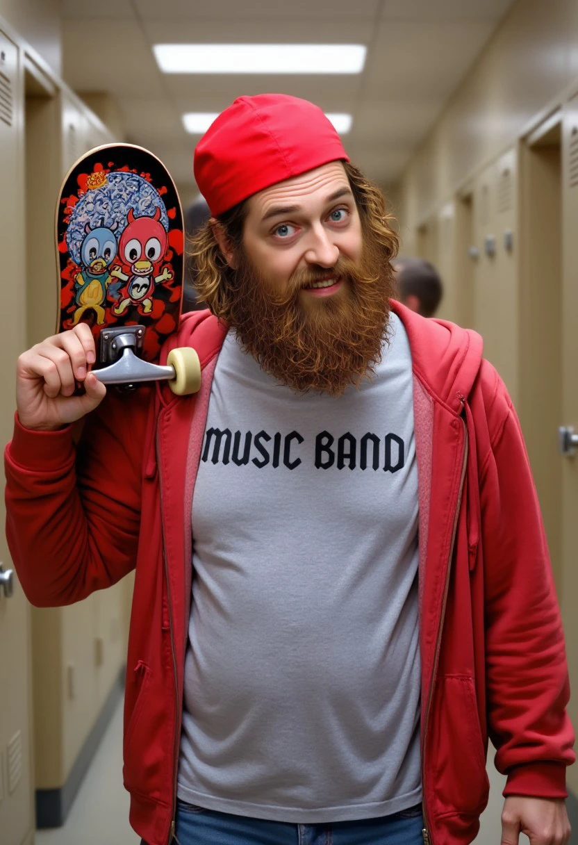 A humorous portrayal of Rasputin, dressed as a skater, wearing a backward red cap, red hoodie, and a gray T-shirt labeled "Music Band." He holds a skateboard decorated with vibrant, edgy designs featuring cartoonish characters and skull motifs. The setting is a high school hallway with lockers blurred in the background, evoking a mix of comedy and nostalgia in an awkward yet charming scene.HDYDFK