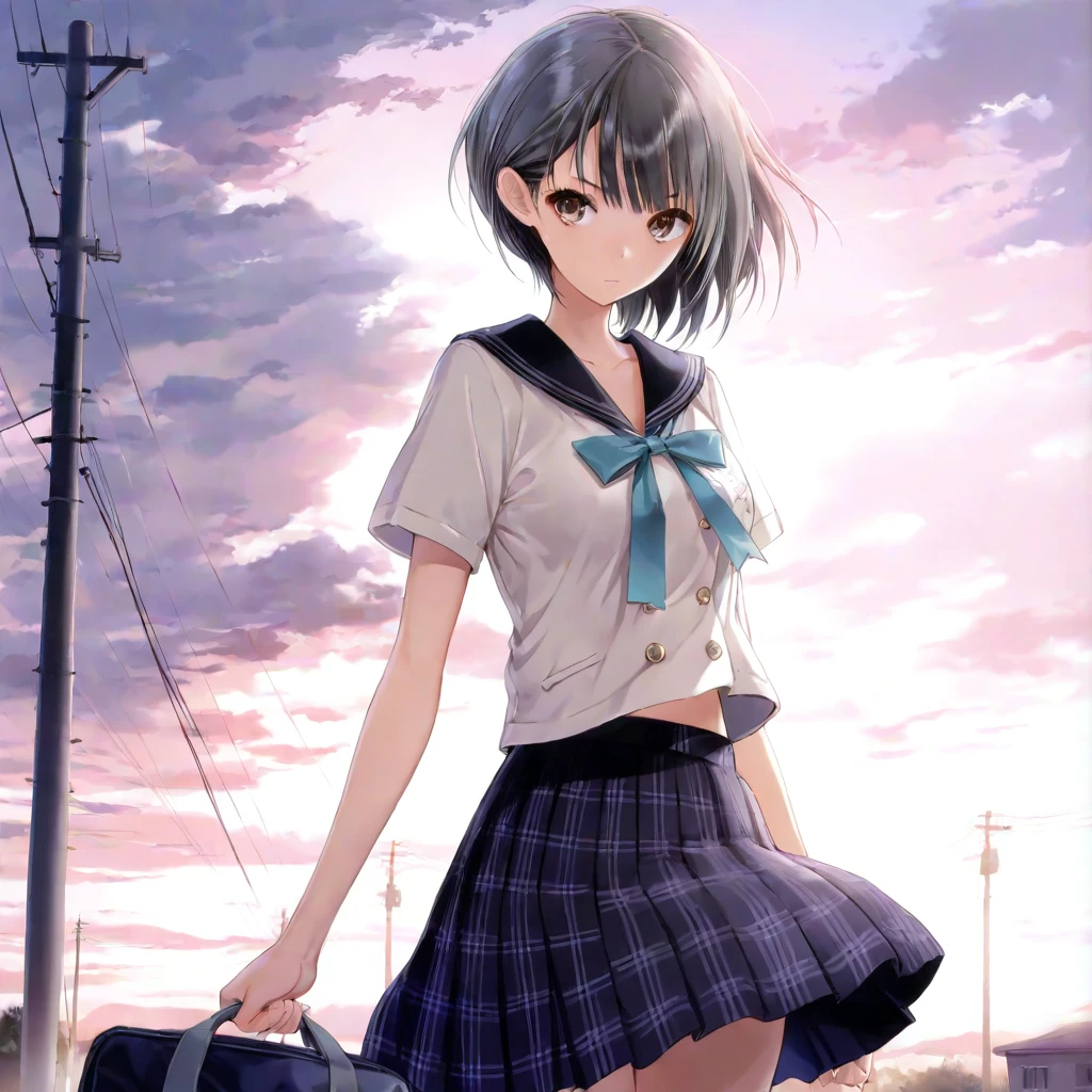 masterpiece, highres,best quality,<lora:shirai hinako-Ill-001:1>, shirai hinako, 1girl, solo, school uniform, serafuku, black hair, battle