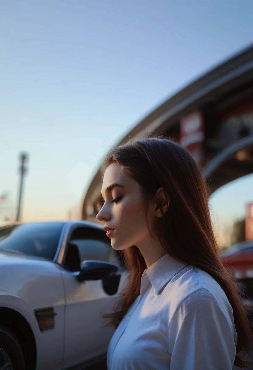 score_9, score_8_up, score_7_up, score_6_up, cinematic, cinema shot, film grain, depth of field, 1girl, solo, realistic, blurry, outdoors, blurry background, shirt, brown hair, long hair, ground vehicle, sky, motor vehicle, profile, depth of field, white shirt, day, from side, collared shirt, car, upper body, lips, closed eyes