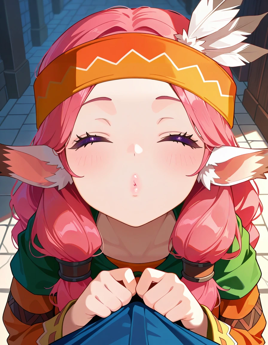 <lora:Pchiko_SDXL_Illustrious01_fp16_ver01:1>,Pchiko, 1girl,solo,animal ears, pink hair,purple eyes, headband,dress,long sleeves, portrait,feather hair ornament,closed eyes, puckered lips,pov,looking at viewer,, masterpiece, best quality, very aesthetic, absurdres,<lora:detailed_hands:1>,hand