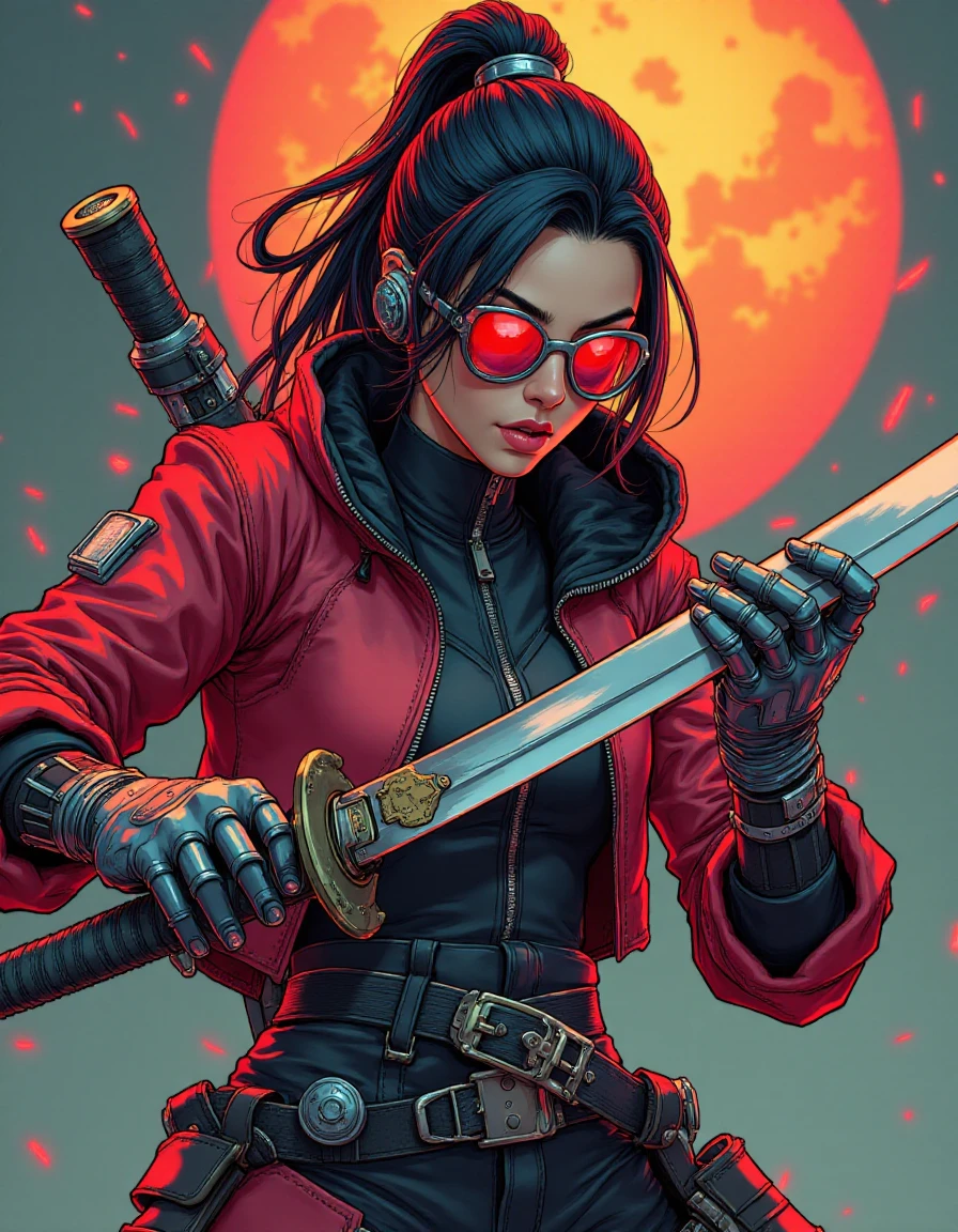 a digital illustration in a stylized art style of a cyborg assassin woman, holding a katana
ff-comic <lora:Comicbook_Flux-000013:1>, 
ff-enhance <lora:Flacs_Enhancer:1>