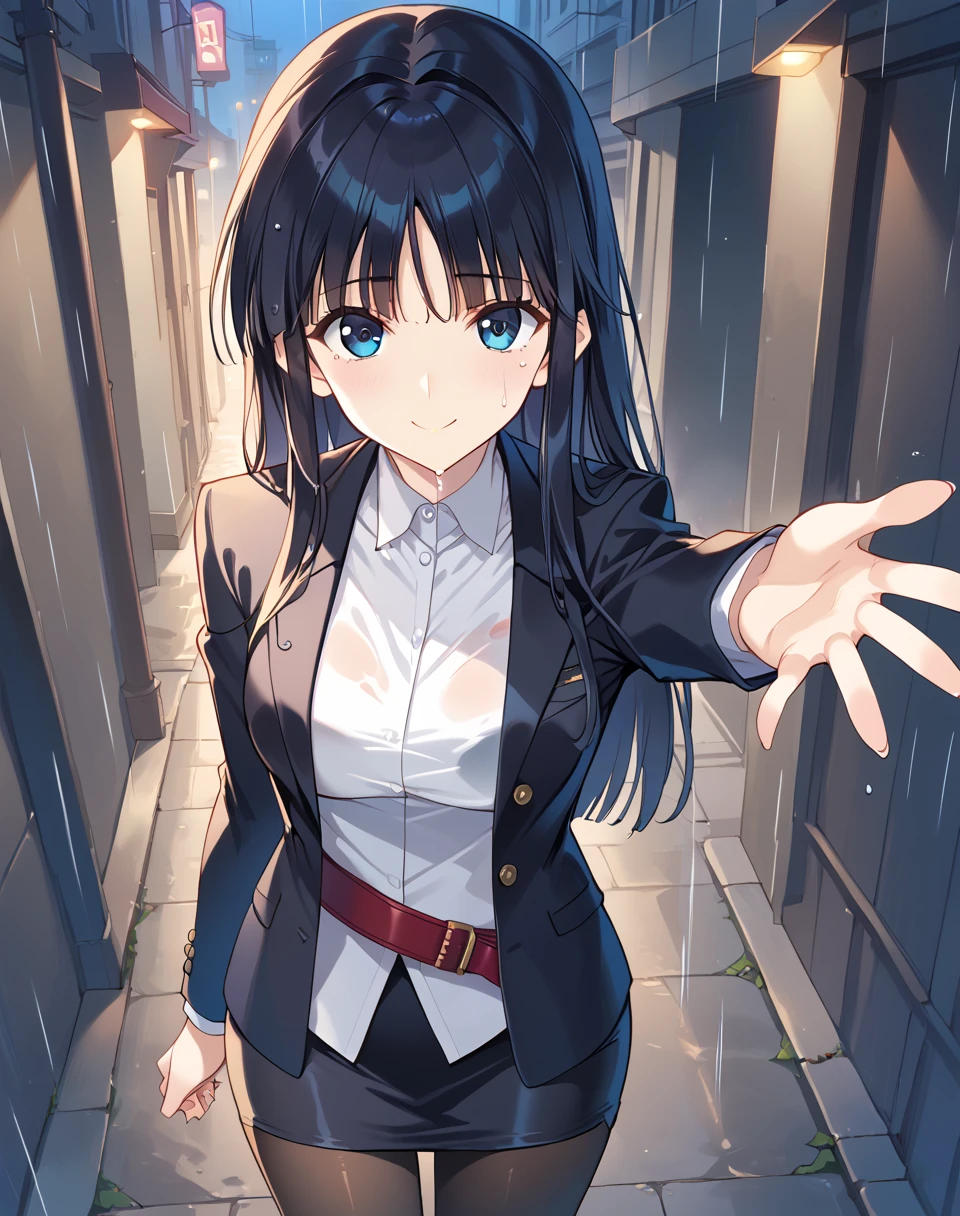 touma_kazusa, long hair, black hair, blue eyes, skirt, pantyhose,  belt, white shirt, black pantyhose, black jacket, pencil skirt, standing, plain clothes, open jacket, black jacket, official art BREAK outdoors, city alley, dark, night, rain, raining BREAK sad face,looking up, standing, sad smile, from above, wet hair, wet clothes, reaching toward viewer, arm up, BREAK score_9, score_8_up, score_7_up, source_anime ,zPDXL,<lora:Kazusa_Touma:0.8>