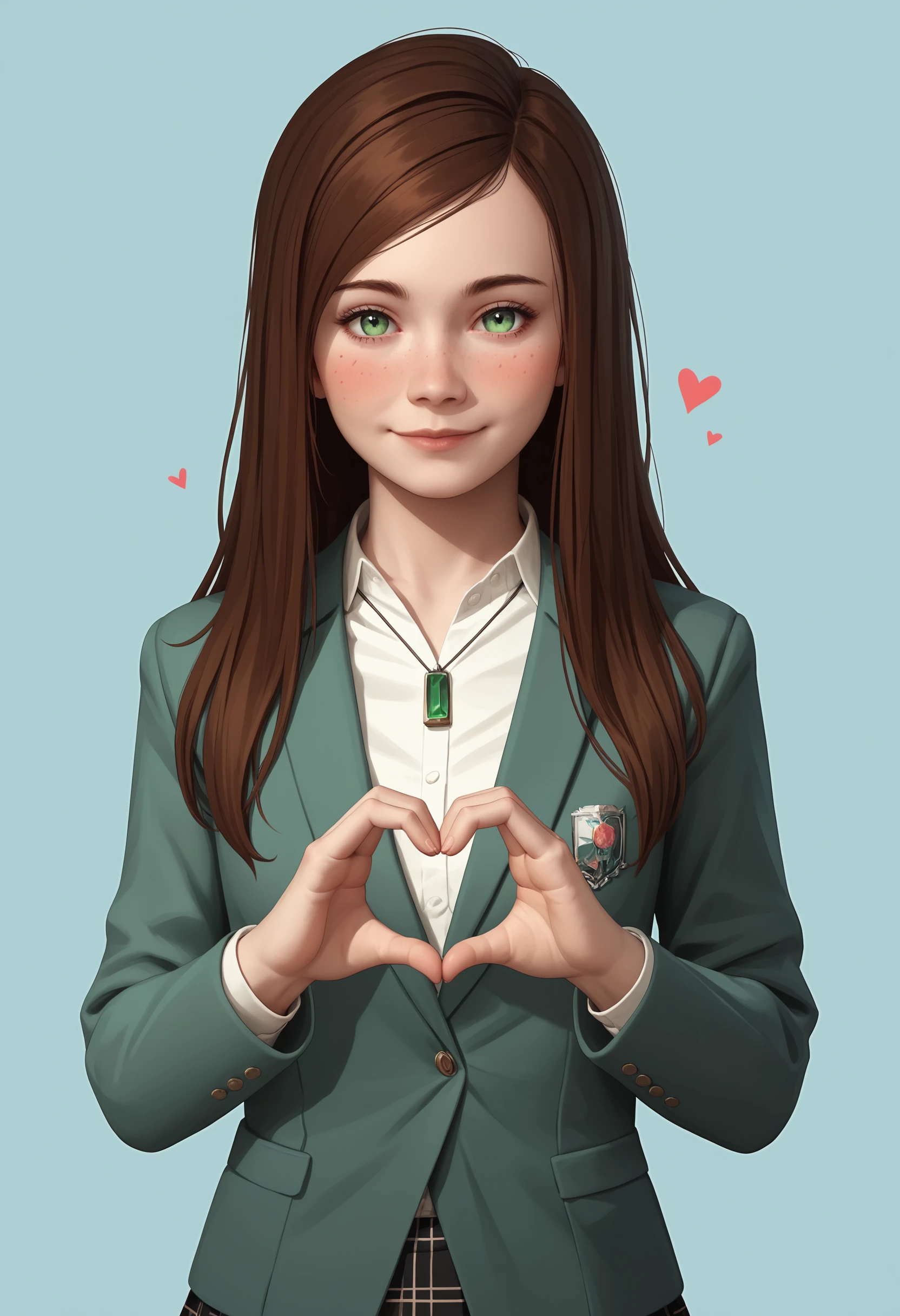 score_9, score_8_up, score_7_up, score_6_up, score_5_up, score_4_up,  <lora:VictoriaHitmanA:0.75> 1girl, solo, victoriaf, long hair, brown hair, green eyes, jacket, skirt, necklace, upper body, looking at viewer, standing, smile, blush, heart hands, 
light blue background, simple background,