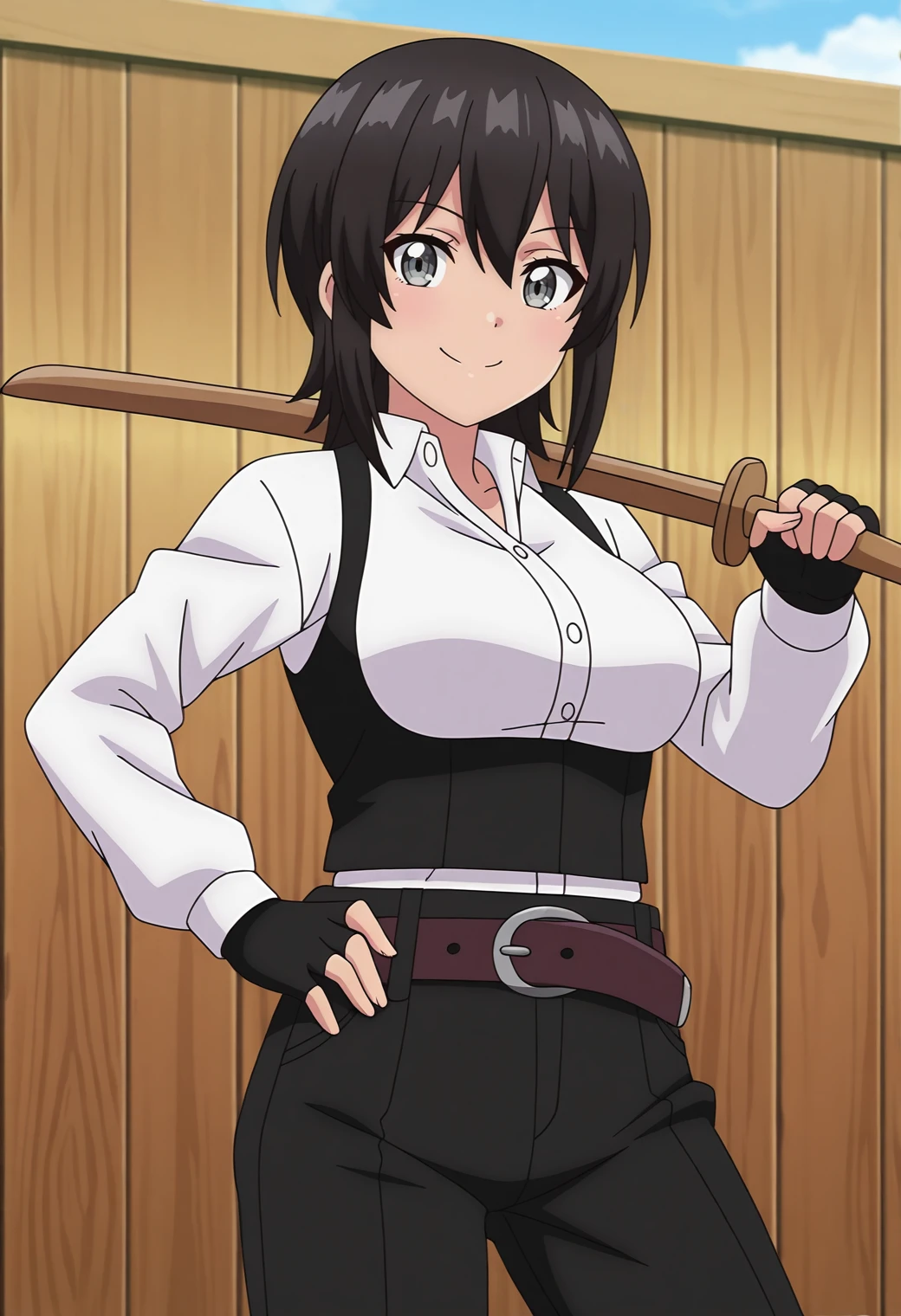 highres, best quality, masterpiece, outdoors, blue sky, wall,
solo, 1girl, elnakakushi, medium breasts, grey eyes, anime screencap,
collared shirt, black vest, dress shirt, black gloves, fingerless gloves, belt, black pants,
looking at viewer, smile,
over shoulder, wooden sword, shinai, holding sword,
hand on own hip, 
<lora:_elna_stongs-elesico-ilxl:1>