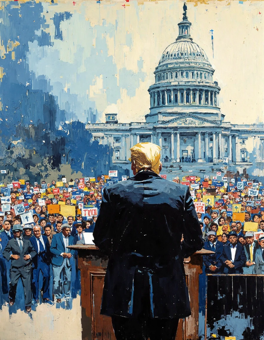 (ashleywood style painting) Donald Trump giving a speech to a massive crowd from behind a podium, speed painting, concept art, lineart