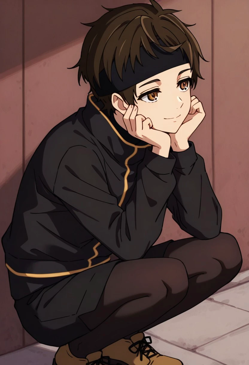 masterpiece, best quality, 
baamtg, 1boy, male focus, solo, brown eyes, brown hair, short hair, bangs, headband, black headband, shirt, black shirt, turtleneck, jacket, black jacket, long sleeves, shorts, black shorts, pantyhose, black pantyhose, shoes, brown footwear, squatting, smile
outdoor