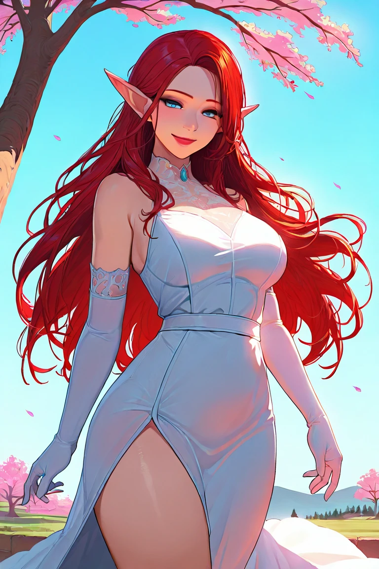 masterpiece, best quality, highres, newest, 1girl, mature female, pointy ears, solo, elf, lips, lipstick, cowboy shot, standing, red hair, long hair, medium breasts, gloves, elbow gloves, white gloves, smile, looking at viewer, long white dress, standing, outdoors, sky, blue sky, tree, cherry blossoms <lora:OIS - s6 [LoRA] - NoobAI-XL EPS 1.0:1>