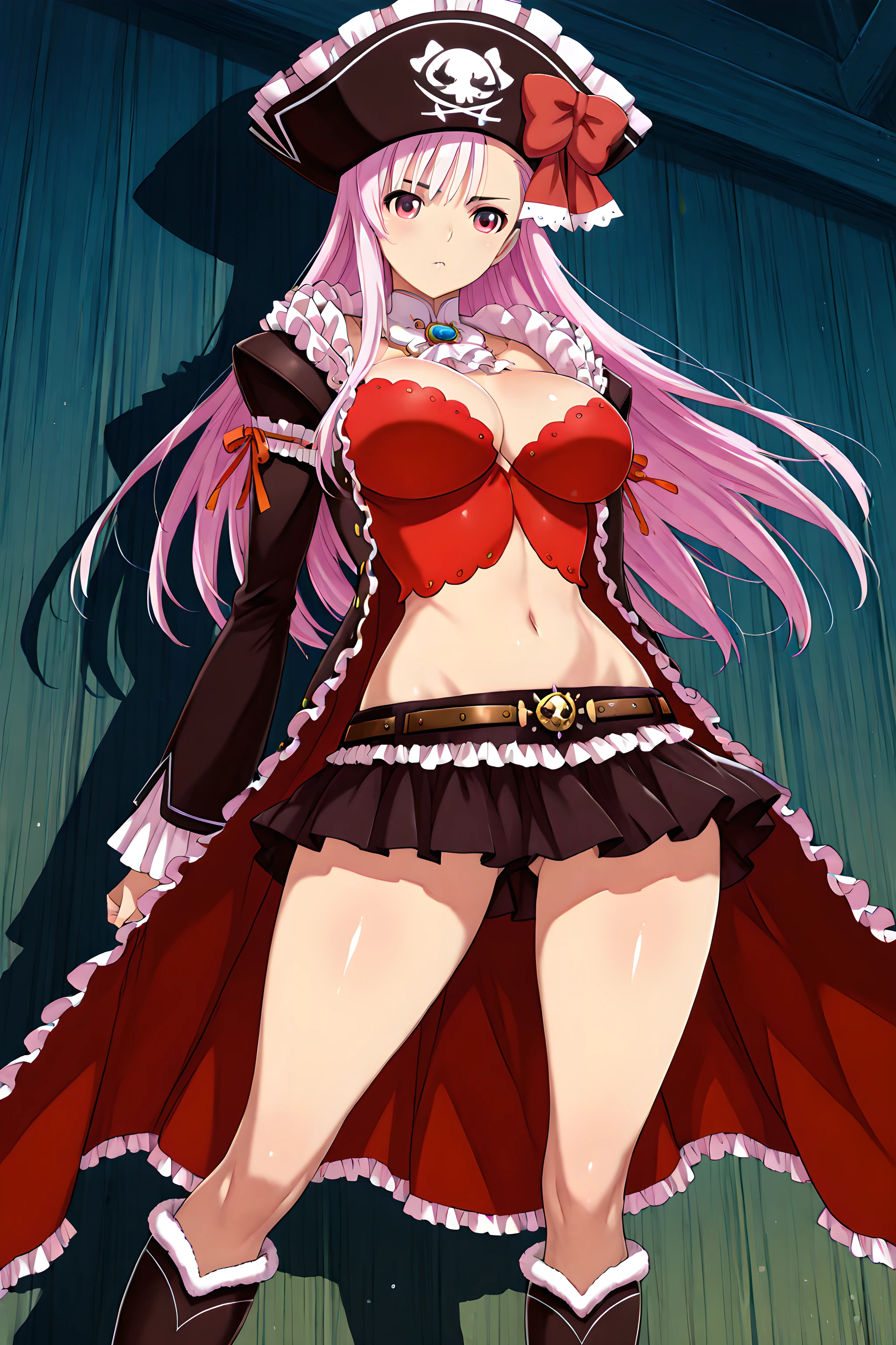 captain_liliana, 1girl, large breasts, red eyes, long hair, pink hair, pirate hat, bustier, hat, pirate, skirt, miniskirt, solo, knee boot, cowboy shot, <lora:CaptainLillianaIllustXL:1>, (masterpiece),(best quality),(ultra-detailed),(best illustration),(best shadow),(absurdres),(detailed background),(very aesthetic),