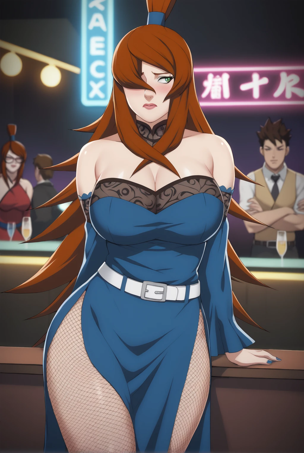 score_9, score_8_up, score_7_up, 1girl, anime, mature female, milf, Mei Terumi, long hair, red hair, high ponytail, hair over one eye, green eyes, large breasts, skirt, brown hair, bare shoulders, off shoulder dress, detached sleeves, belt, makeup, fishnets, side slit, fishnet pantyhose, Mizukage outfit, makeup, eroticgeek2 artstyle, dark place, nightclub, neon, portrait, blush, looking away, nervous, arms behind back