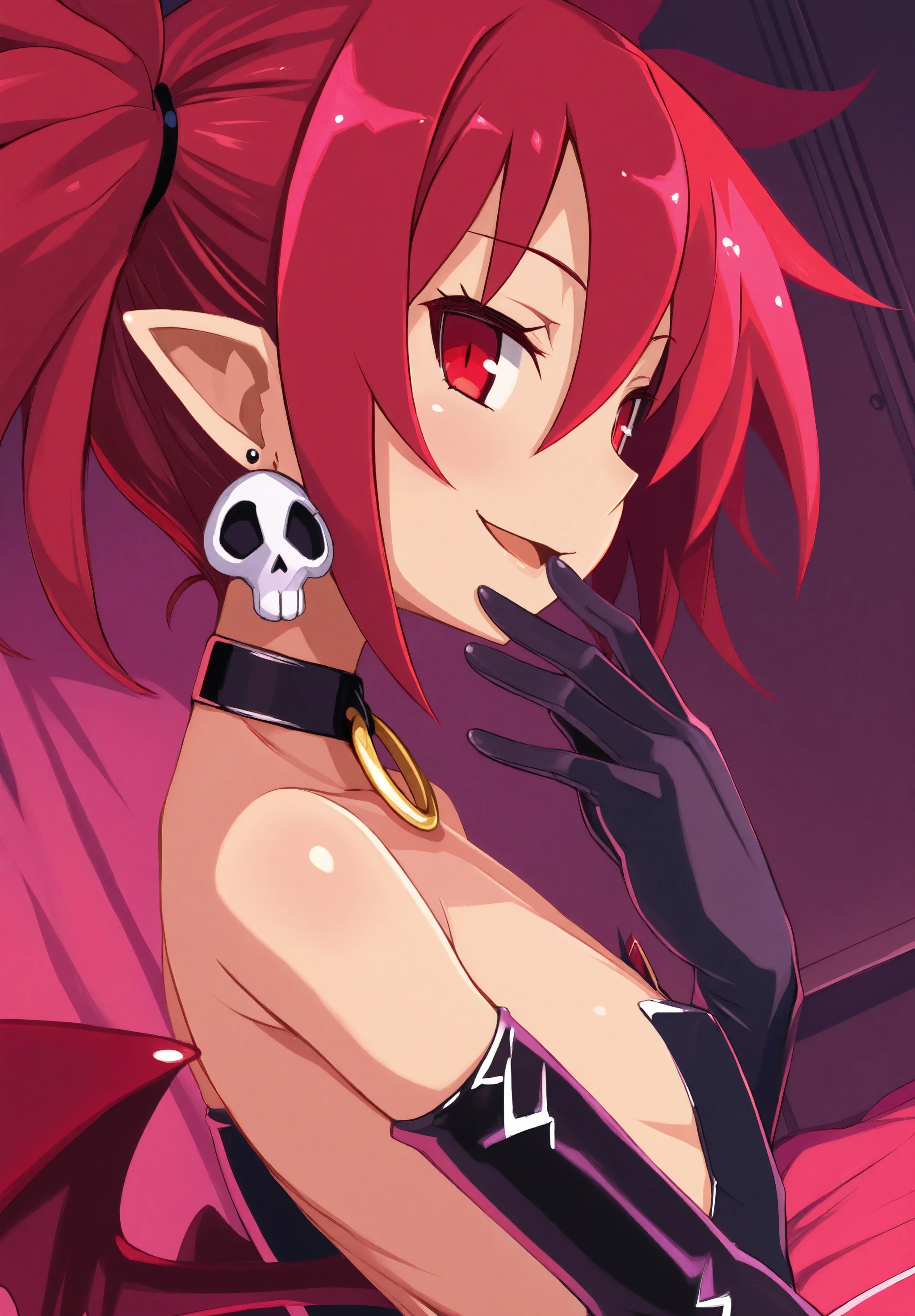 highres,absurdres,masterpiece,best quality,<lora:DisgaeaXLV3:1>,dynamic_angle,portrait,close-up,etna \(disgaea\),hand over own mouth,from side,strapless,bare shoulders,elbow gloves,flat chest,looking at viewer,evil smile,red eyes,red hair,short twintails,hair between eyes,indoors,blue theme,slit pupils,skull earrings,o-ring choker,open mouth,arched back,