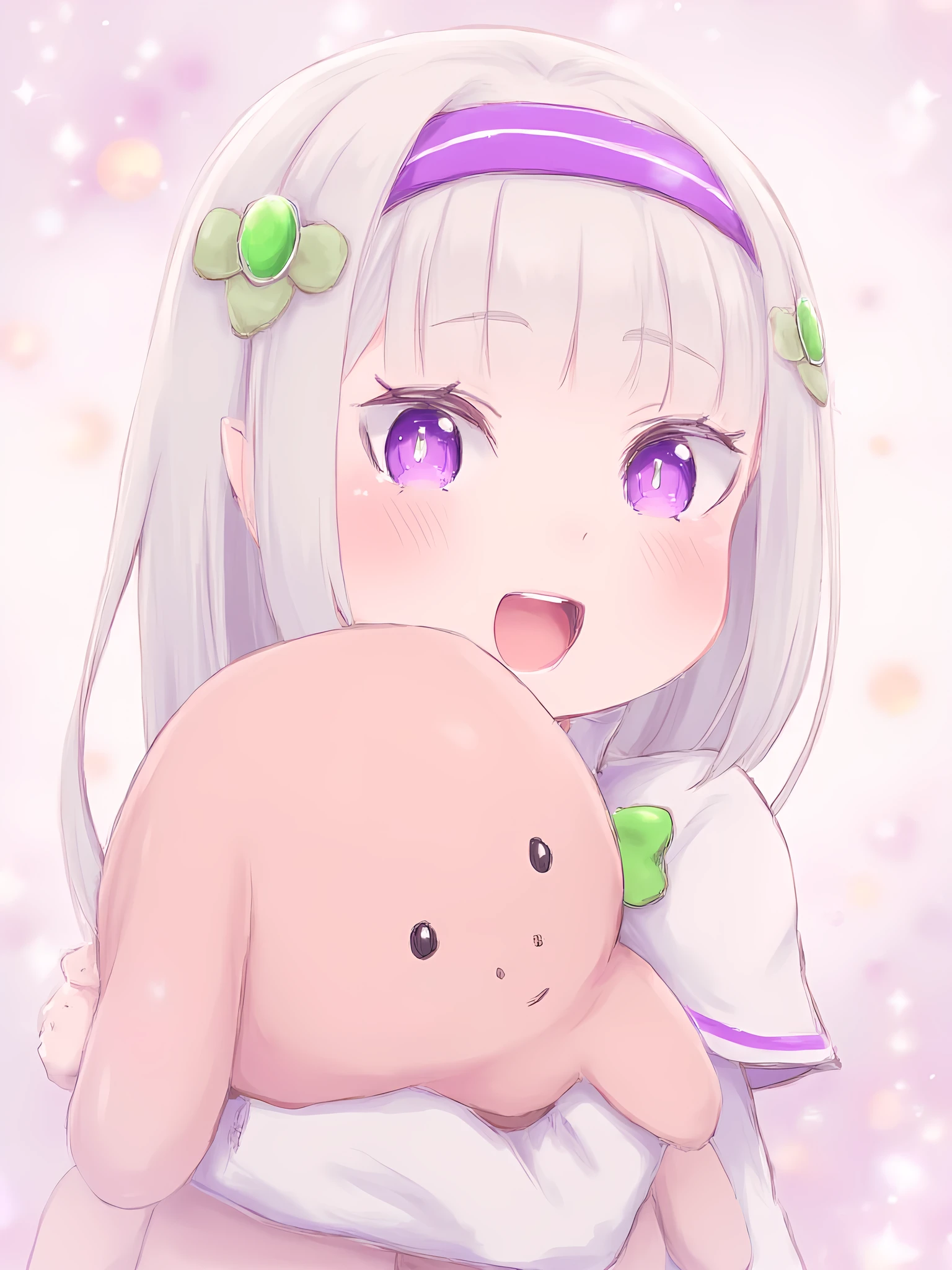 kodomoEmiliaFlux, <lora:kodomoEmiliaFlux:1>, child Emilia holding a large stuffed animal, drawn in vibrant shoujo anime style, sparkles and soft pastel hues.