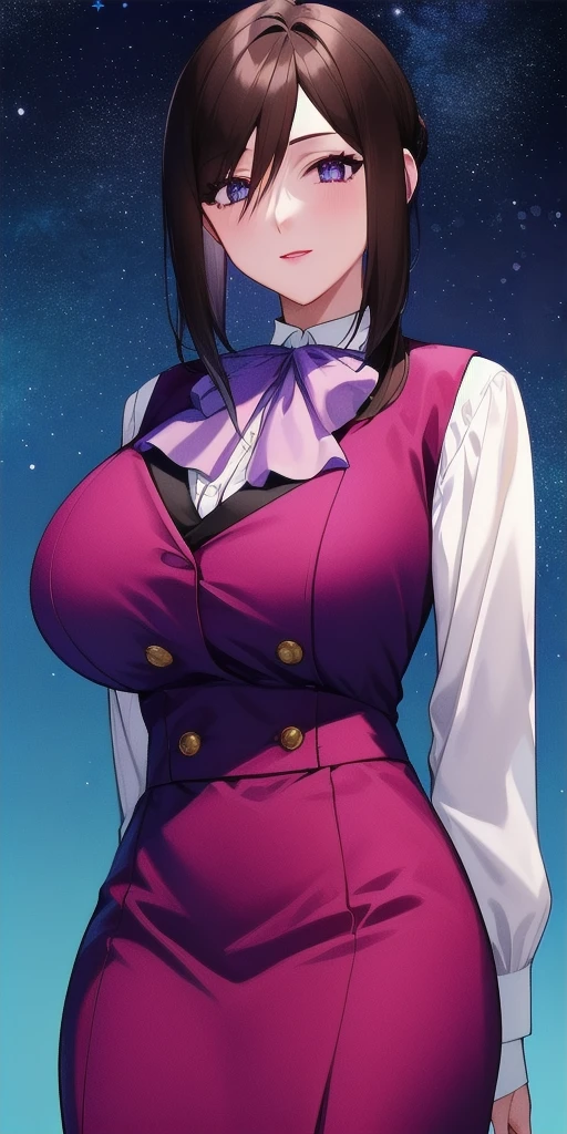 <lora:LinnaYamazakiV4:0.7> linna_yamazaki, huge_breasts, standing, solo, starry_sky, arms_behind_back, white_collared_shirt_purple_ascot_aqua_pencil_skirt_aqua_vest, masterpiece, best_quality, detailed_face, detailed_eyes, highres, beautiful, detailed, absurdres,