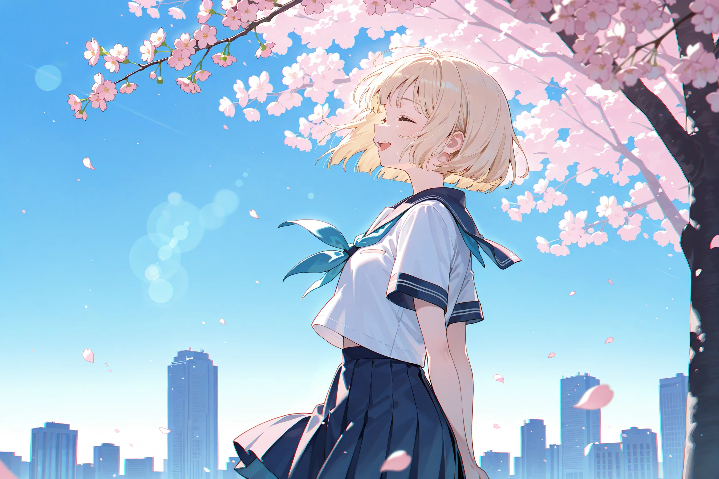 solo,cute 1girl, walking,pale-blonde hair,closed eyes smile,bob cut,sailor uniform,upper body,open mouth,fromside,profile,(looking upward),cowboy shot,depth of field,cherry blossom tree,blue sky,(fluttering petals),wind,(chromatic aberration),blurry skyscraper,back lighting,lens flare,arms behind back