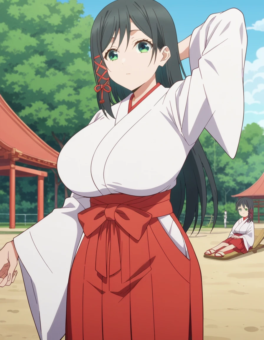 score_9, score_8_up, score_7_up, source_anime, <lora:yae-amagami-s1-ponyxl-lora-nochekaiser:1>, yae amagami, long hair, bangs, huge breasts, black hair, ribbon, green eyes, hair ribbon, anime screencap,, skirt, long sleeves, japanese clothes, wide sleeves, kimono, hakama, hakama skirt, white kimono, miko, red hakama,, playground, swings, slides, children, outdoors, , hand behind head, , looking at viewer, solo,, dutch angle, cowboy shot