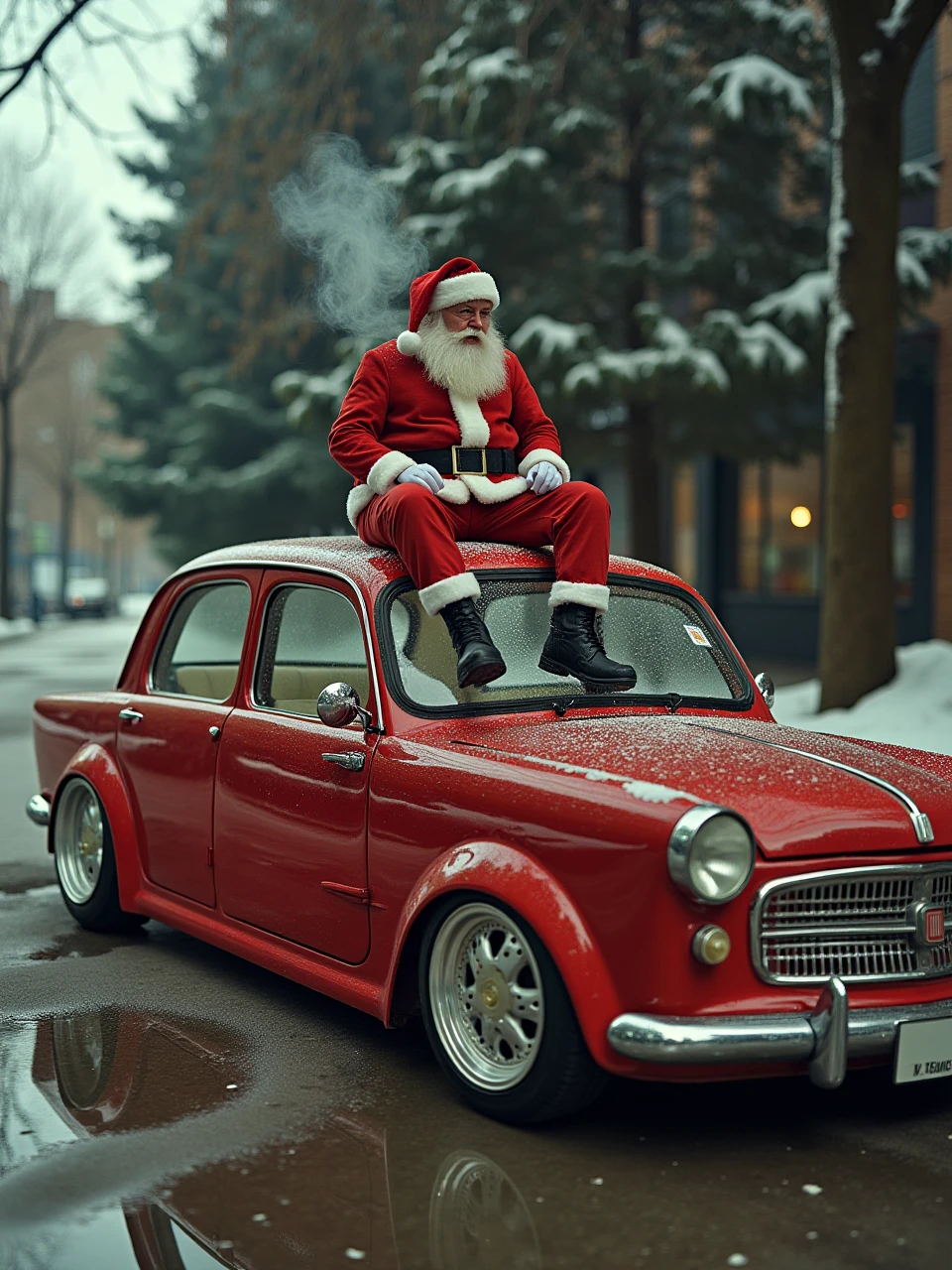 This is an automotive photography photo of a Christmas-colored Fiat 1100 car that crashed into a Christmas tree with the engine hood cracked open and the engine smoking. Santa Claus is sitting on the roof of the car with a cigarette and a helpless look on his face.



coh24, Fiat 1100.