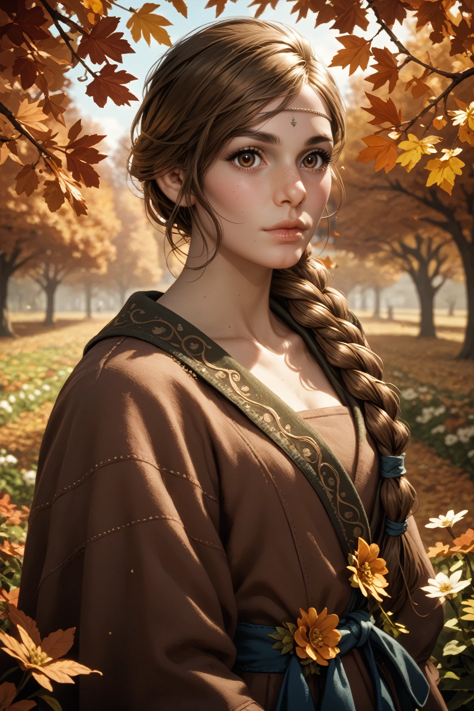 score_9, score_8_up, score_7_up, score_6_up
<lora:PBeatrice:0.8>
PBeatrice, 1girl, brown eyes, brown hair, long hair, single braid, circle, looking at viewer, in autumn,seasonal flower,seasonal background,flower background, posing