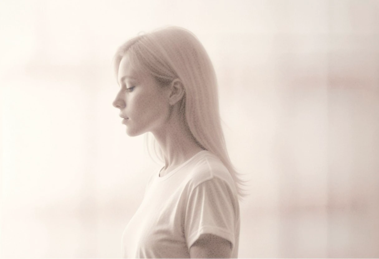 an aesthetic, minimalist depiction of a female profile in side view. she wears a t-shirt. The focus is on the soft contours and calm, monochromatic tones. The scene feels mystical and dreamy, almost as if viewed through a delicate mist, with gentle light accentuating the silhouette. The background is diffuse and creamy white, drawing attention to the elegant simplicity of the figure.