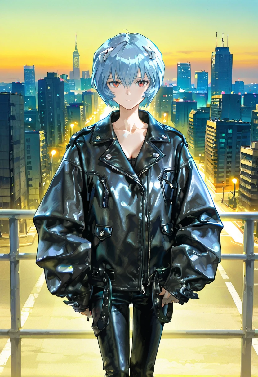 1girl,solo,looking at viewer,ikeda ruriko,oversized leather jacket, ayanami_rei,cityscape,