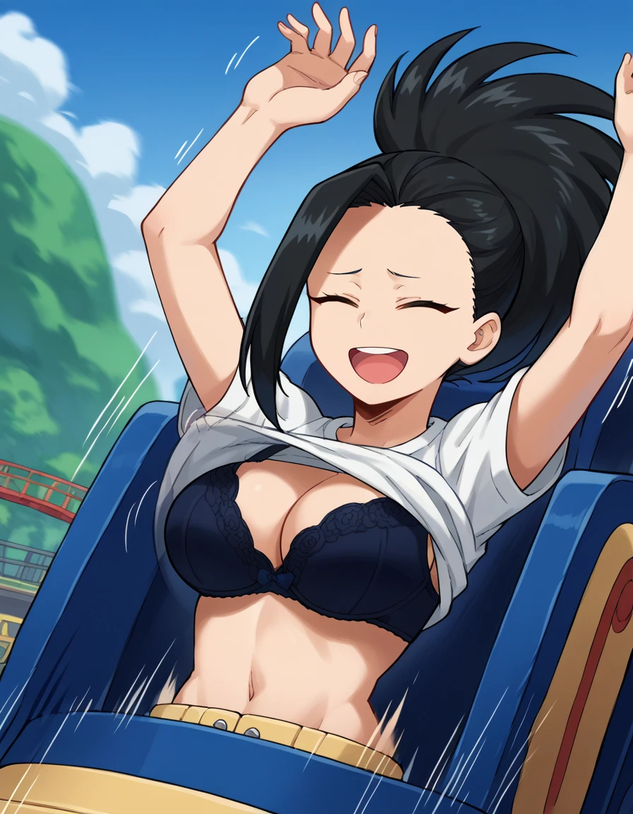 score_9, score_8_up, score_7_up, source_anime, <lora:momo-yaoyorozu-ponyxl-lora-nochekaiser:1>, yaoyorozu momo, long hair, bangs, black hair, ponytail, high ponytail, wide ponytail, large breasts,, <lora:roller-coaster-ponyxl-lora-nochekaiser:1>, roller coaster, ground vehicle, motor vehicle, motion, motion lines, motion blur, open mouth, arms up, closed eyes, happy, smile,, shirt, underwear, white shirt, clothes lift, bra, shirt lift, navel, midriff, cleavage,