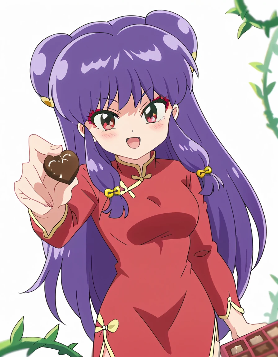 score_9, score_8_up, score_7_up, source_anime, <lora:shampoo-s1-ponyxl-lora-nochekaiser:1>, shampoo, shampoo (ranma 1/2), long hair, hair ornament, red eyes, purple hair, hair bun, double bun, medium breasts, anime screencap,, dress, chinese clothes, china dress, red dress, long sleeves,, jungle, dense, wildlife, vines, green, smile, <lora:incoming-chocolate-ponyxl-lora-nochekaiser:1> incoming food, chocolate, holding, holding chocolate, holding food, food, looking at viewer, open mouth, blush, smile, school uniform,, looking at viewer, solo,, dutch angle, cowboy shot