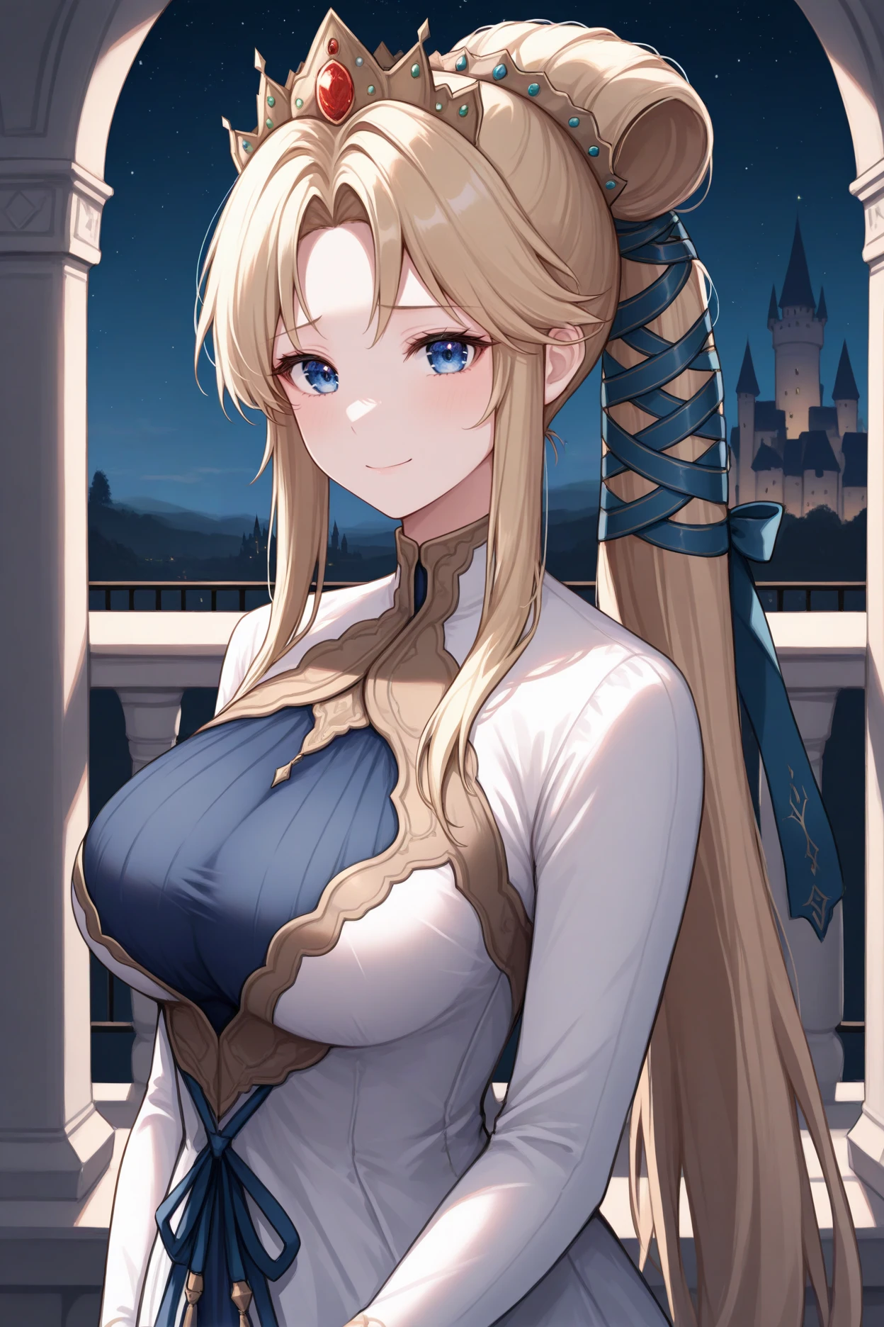 masterpiece, best quality, 1girl, solo,  <lora:fenyna-illu-nvwls-v1-000007:1> nyna, high ponytail, blonde hair, hair ribbon, crown, white dress, long dress, long sleeves, large breasts, looking at viewer, sad, smile, upper body, night, castle, balcony, starry sky, portrait