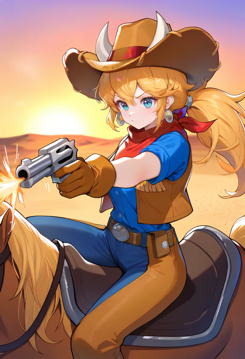 masterpiece, best quality, newest, absurdres, highres, 1girl, <lora:PrincessPeach_NoobAI_Incrs_v1-000012:1>, 
IncrsPchWestern, long hair, ponytail, cowboy hat, cowboy western, pants, belt, blue shirt, vest, brown gloves, horns, bandana, jewelry, earrings, blue eyes, 
outdoors, sand, desert, horseback riding, holding, from side, looking to the side, arizona, sunset, cigarette, facing viewer, foreshortening, gun, firing, motion lines, aiming,