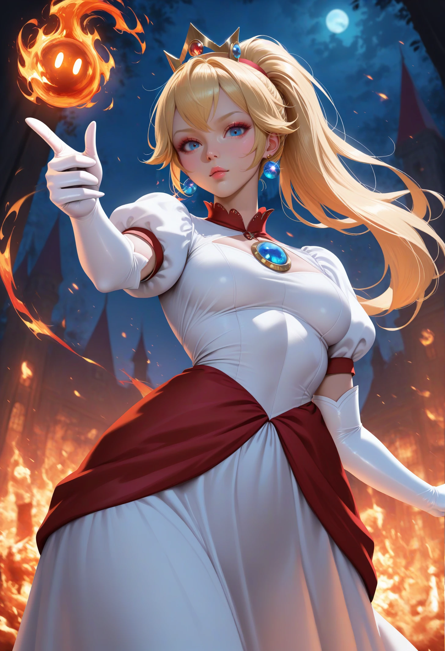 masterpiece, best quality, newest, absurdres, highres, 1girl, <lora:PrincessPeach_NoobAI_Incrs_v1-000012:1>, IncrsPchFire, blue eyes, long hair, ponytail, elbow gloves, white gloves, white dress, red dress, puffy sleeves, puffy short sleeves, brooch, crown, jewelry, earrings, realistic, 
outdoors, looking at viewer, night, dark, fire, fireball, pyrokinesis, Surrounded by flames, foreshortening, finger gun, from below, aiming at viewer, high contrast,