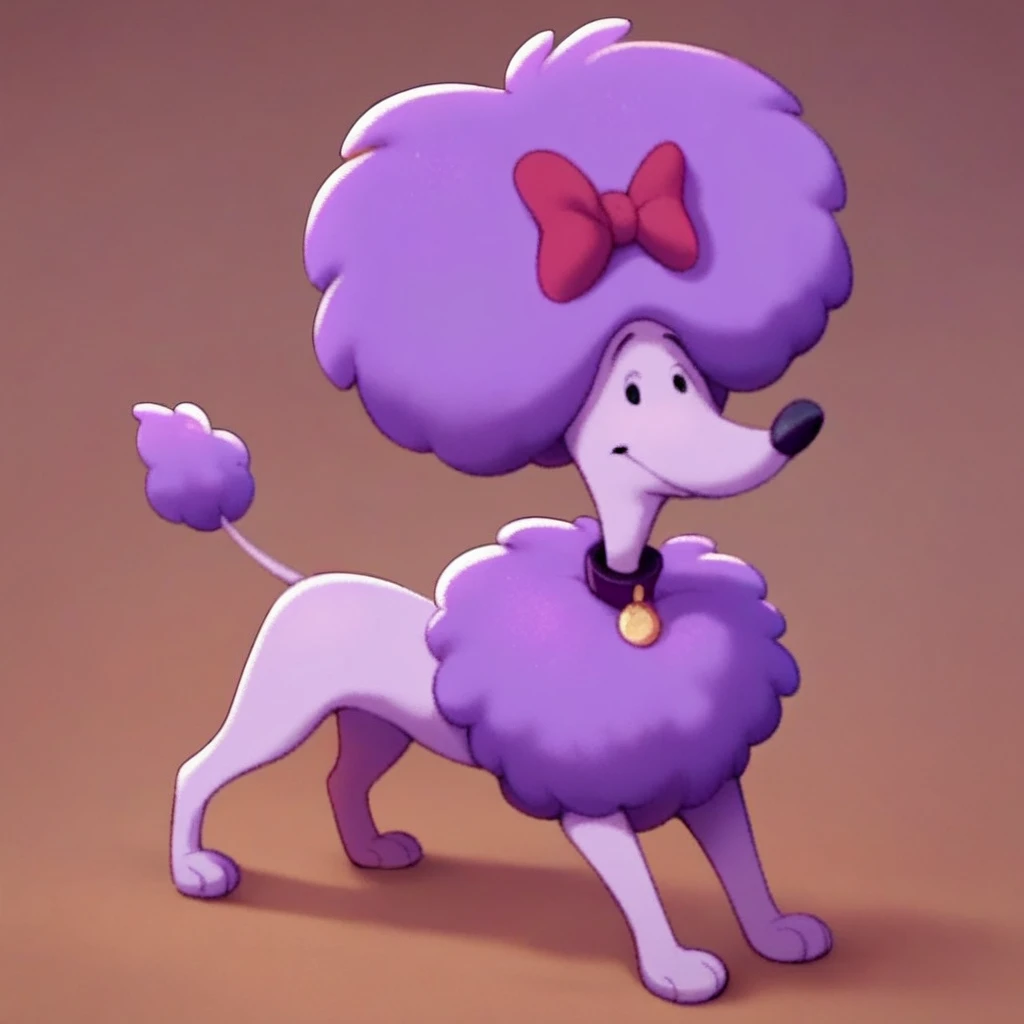 score_9, score_8_up, score_8, score_7, source_cartoon, cleo(cbrd), solo, 1girl, feral, dog, dog girl, poodle, purple fur, purple hair, purple chest fluff, thin tail, red hair bow, black collar, dot eyes, full body, looking at viewer,