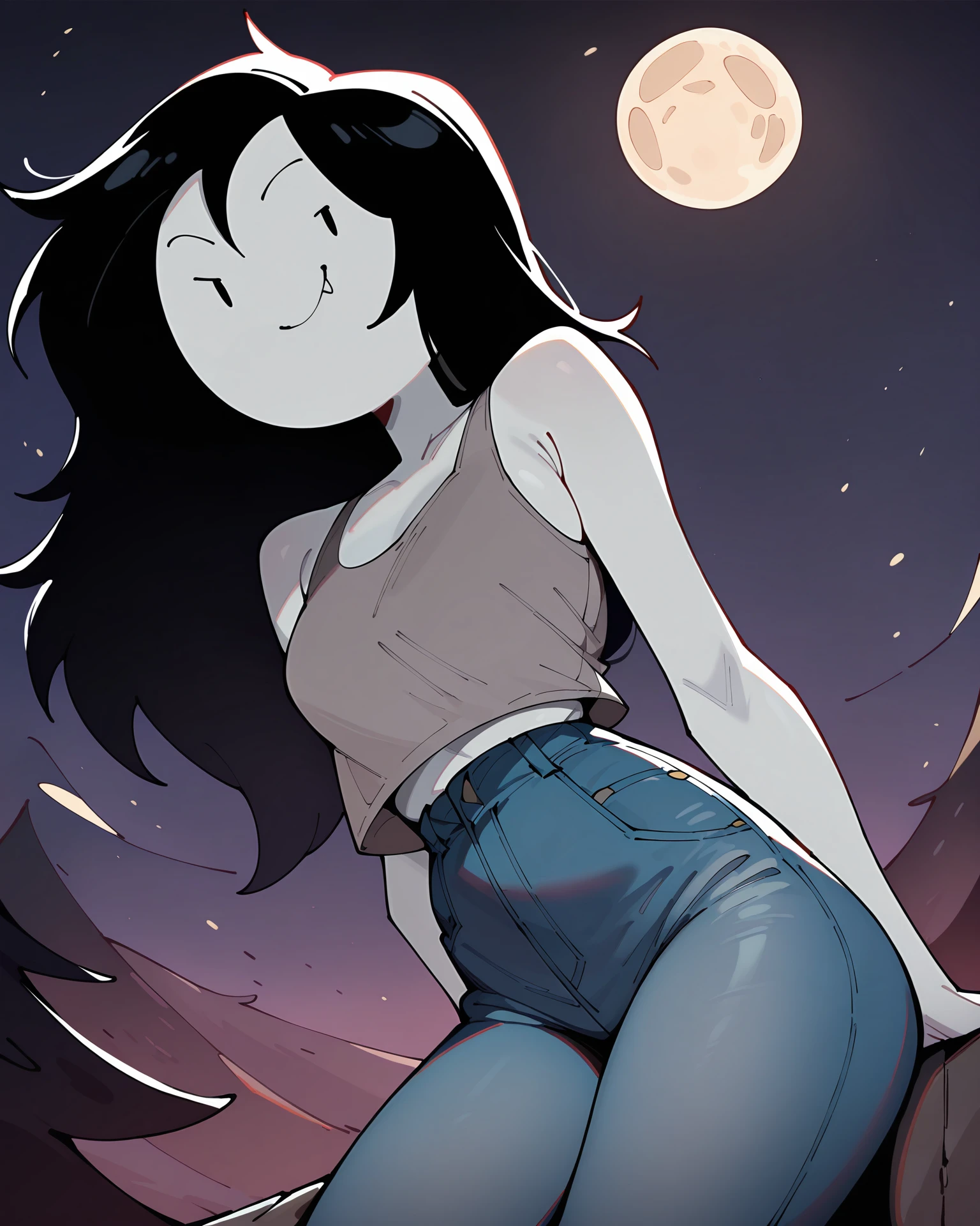 masterpiece, best quality, newest, absurdres, highres, dynamic angle, outdoors, night, moon
1girl, solo, Marceline, grey skin, gray tank top, jeans, pinup, smile, looking at viewer, cowboy shot, <lora:Marceline_ILL:1>