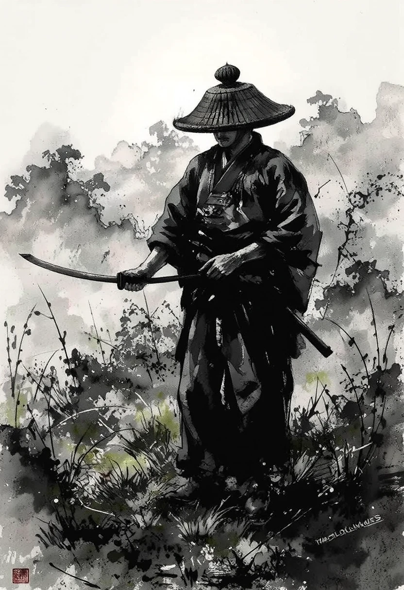 1man, standing on the grassland, the wind is blowing, <lora:mystic-sumi_v40:1>, ink and brushstroke dismrt style,<lora:amigasa:0.9>,amigasa,holding katana,portrait,, look at viewer,fighiting pose,