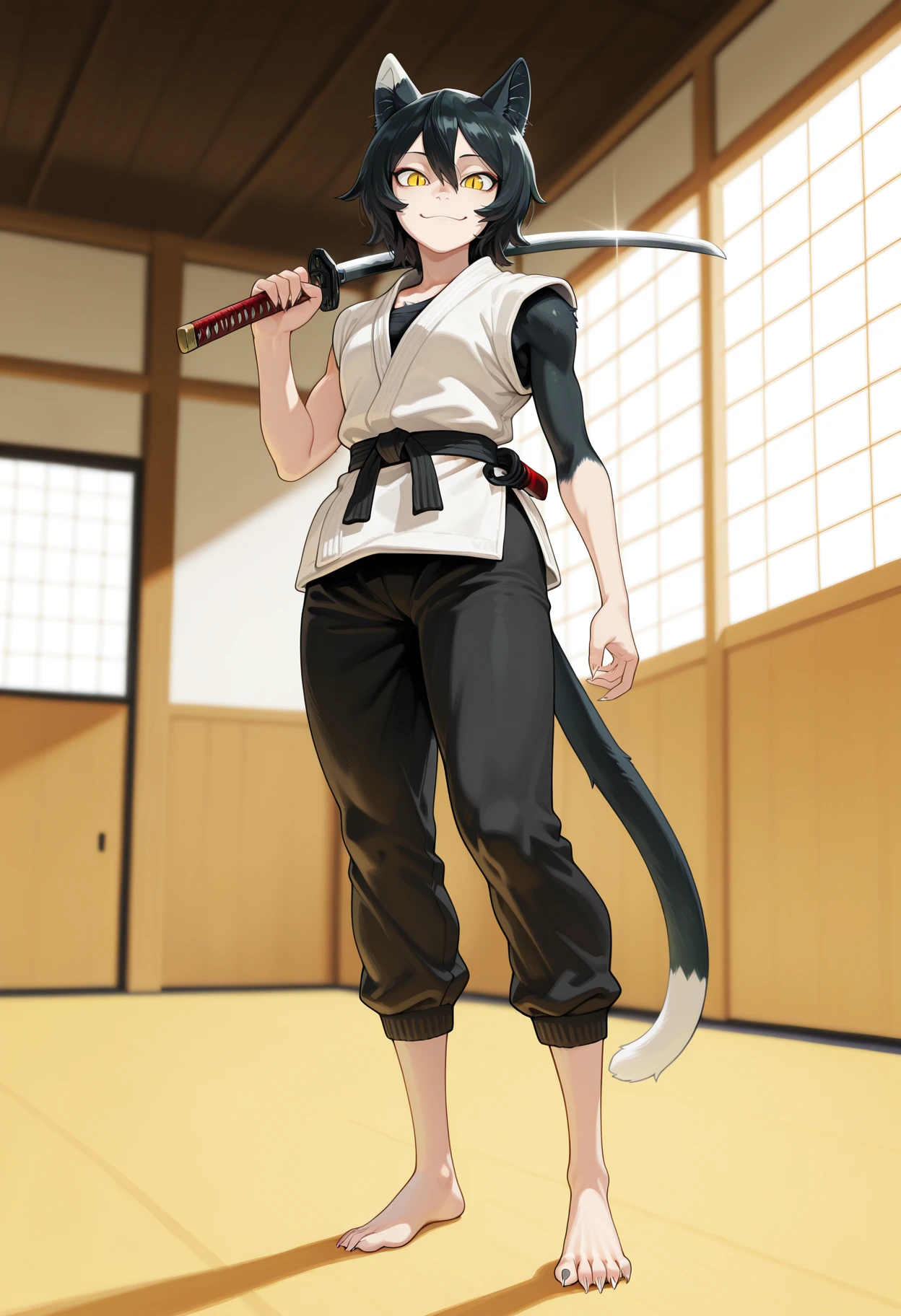 masterpiece,best quality,amazing quality, 
1girl, solo, <lora:izutsumi_v2:1>, izutsumi, cat girl, short black hair, yellow eyes, slit pupils, furry female, black body fur, full body, barefoot, sharp toenails,
dougi, 
smile, looking at viewer, 
holding weapon, katana,
dojo,