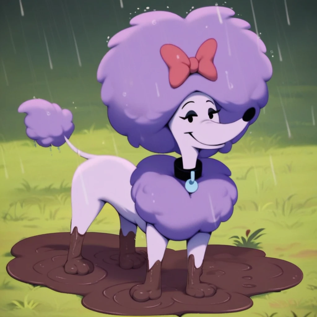 score_9, score_8_up, score_8, score_7, source_cartoon, cleo(cbrd), solo, 1girl, feral, dog, dog girl, poodle, purple fur, purple hair, purple chest fluff, thin tail, red hair bow, black collar, dot eyes, full body, looking at viewer, covered in mud, rolling in mud, smile, raining, mud puddle, grass field setting, standing, large breasts, red cropped top, blue leggings, black mascara, black eyeshadow, sexy pose, seductive smile,