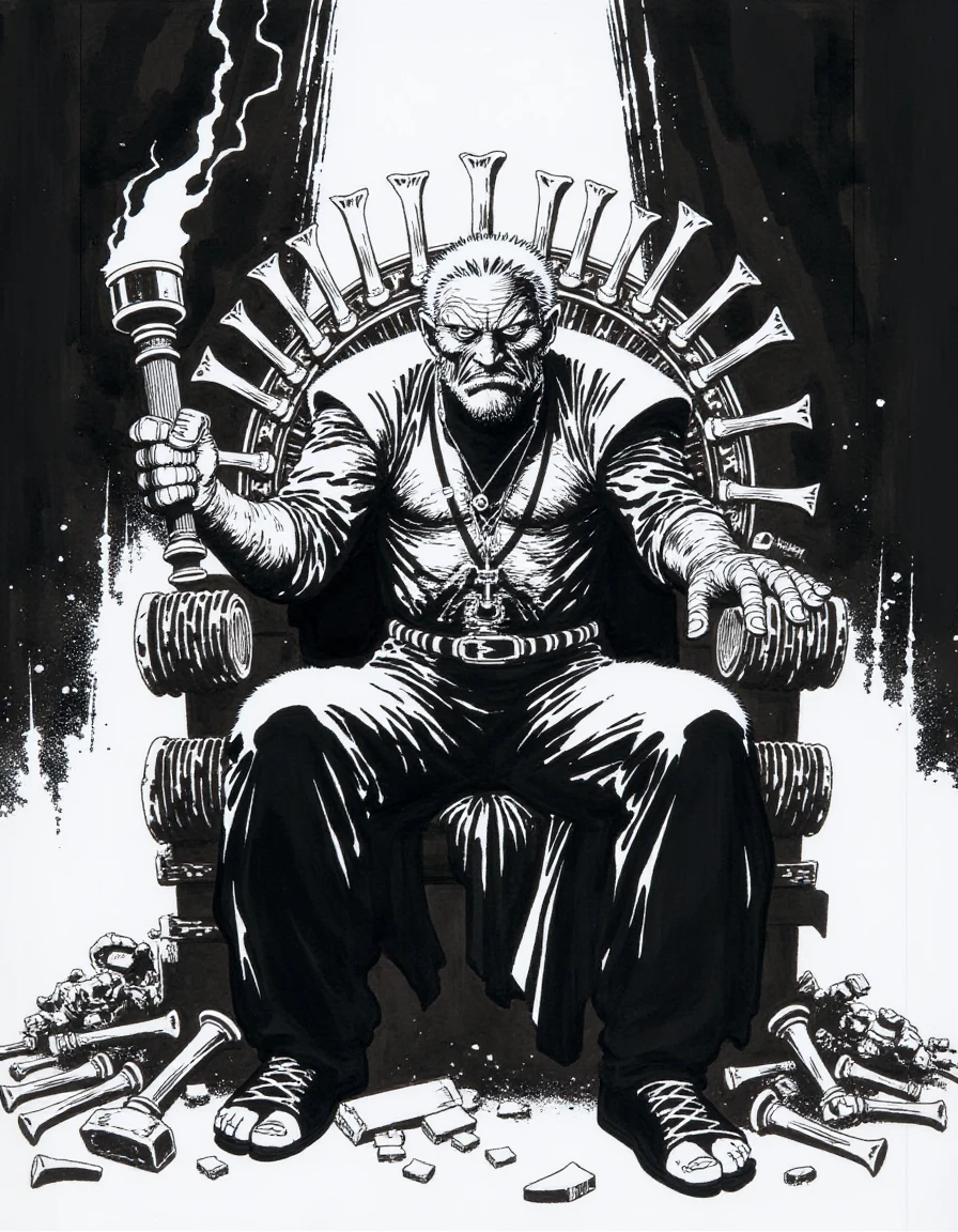 A disncty noir style comic illustration, stark black-and-white contrast, grizzled warrior king on a throne made of bones, his expression cold and commanding, torchlight casting shadows across his face, surrounded by ancient artifacts,<lora:sin-city_v20-000120:1>